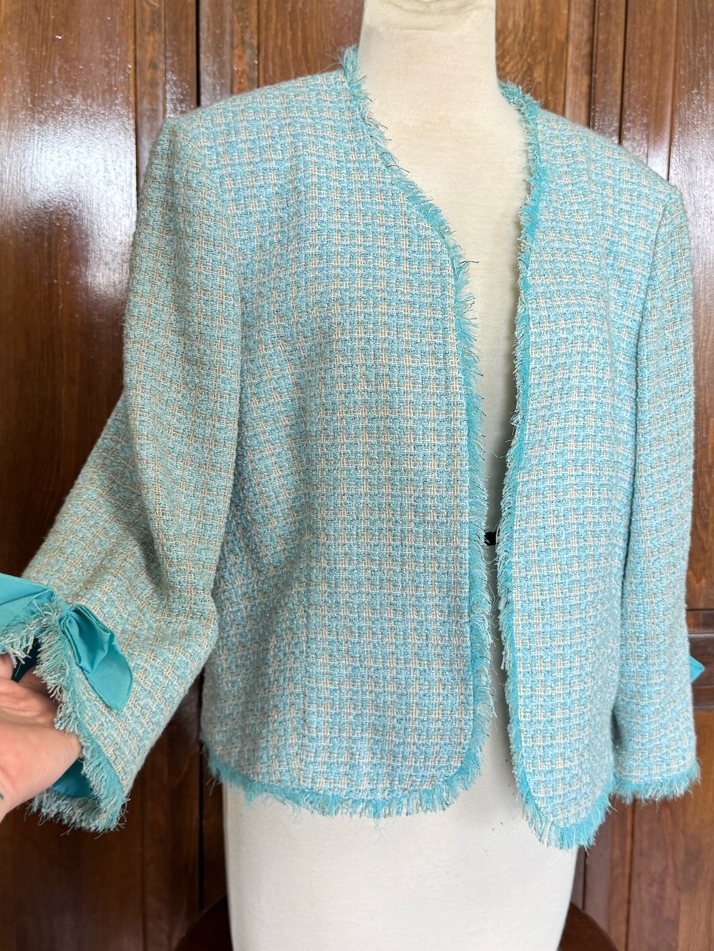 Vintage Tiffany Blue Tweed Bow Fringe Jacket Blazer Quiet Luxury Coquette M/L